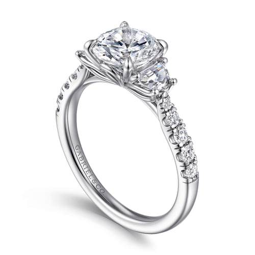14K White Gold Round Three Stone Lotus Diamond Engagement Ring