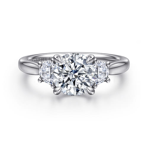 14K White Gold Round Three Stone Lotus Diamond Engagement Ring