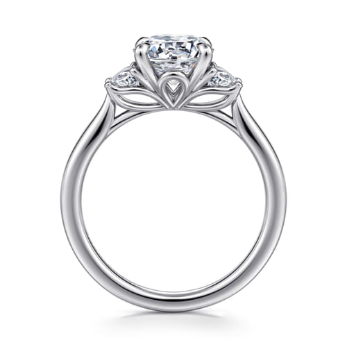 14K White Gold Round Three Stone Lotus Diamond Engagement Ring