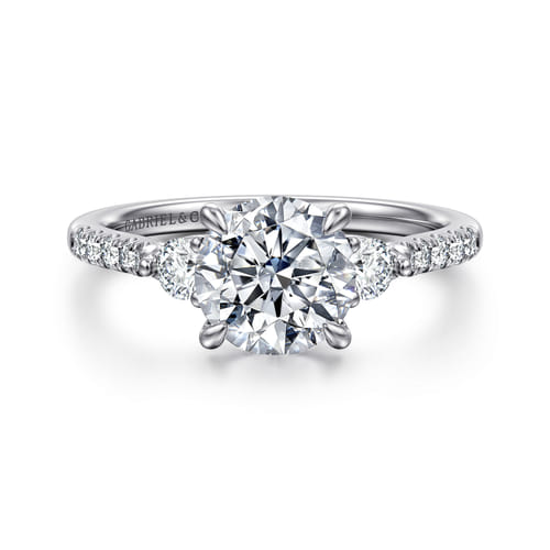14K White Gold Round Three Stone Lotus Diamond Engagement Ring