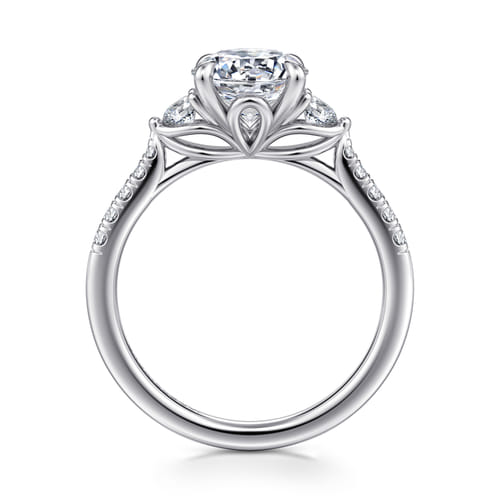 14K White Gold Round Three Stone Lotus Diamond Engagement Ring