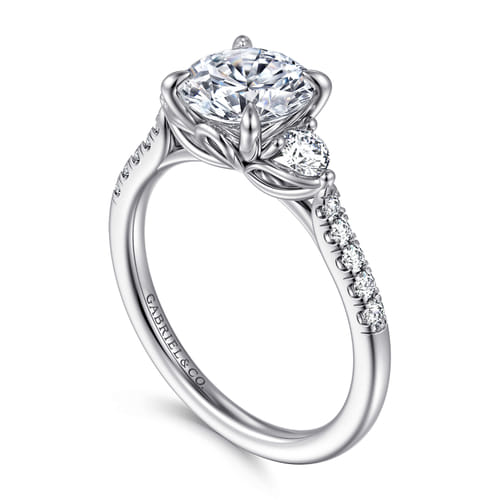14K White Gold Round Three Stone Lotus Diamond Engagement Ring