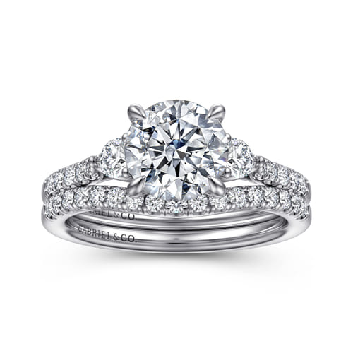 14K White Gold Round Three Stone Lotus Diamond Engagement Ring