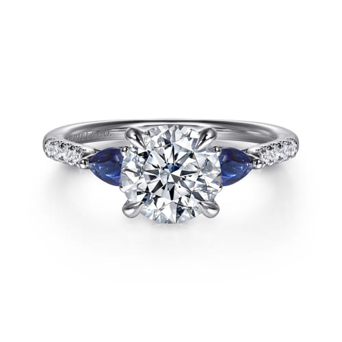 14K White Gold Round Three Stone Lotus Diamond and A Quality Sapphire Engagement Ring