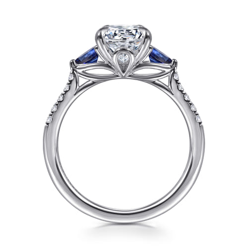 14K White Gold Round Three Stone Lotus Diamond and A Quality Sapphire Engagement Ring