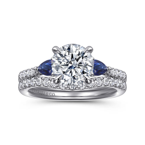 14K White Gold Round Three Stone Lotus Diamond and A Quality Sapphire Engagement Ring