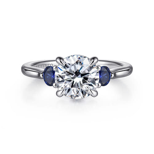 14K White Gold Round Three Stone Lotus Sapphire and Diamond Engagement Ring