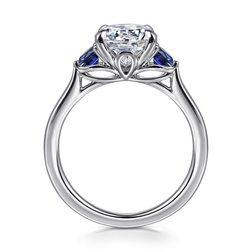 14K White Gold Round Three Stone Lotus Sapphire and Diamond Engagement Ring