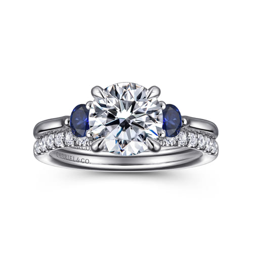 14K White Gold Round Three Stone Lotus Sapphire and Diamond Engagement Ring