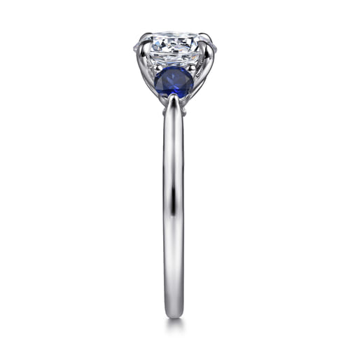 14K White Gold Round Three Stone Lotus Sapphire and Diamond Engagement Ring