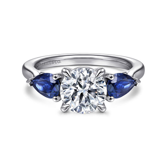 Gabriel - 14K White Gold Round Three Stone Sapphire and Diamond Engagement Ring