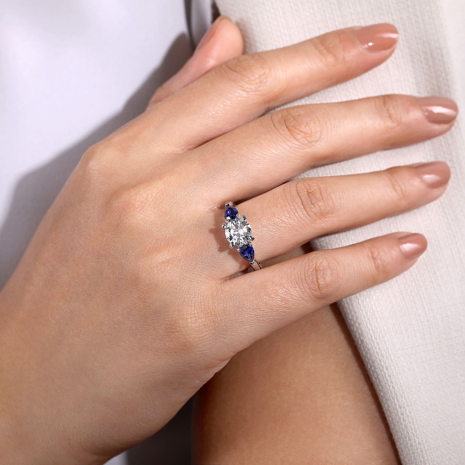 14K White Gold Round Three Stone Sapphire and Diamond Engagement Ring