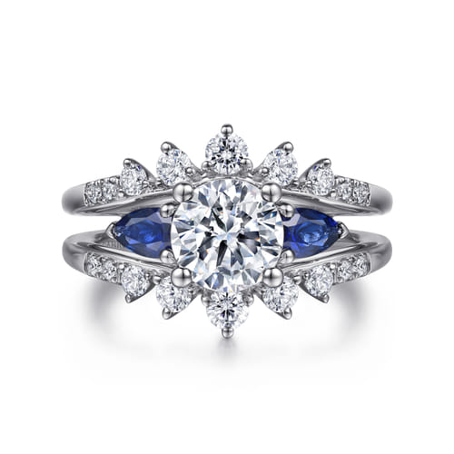 14K White Gold Round Three Stone Sapphire and Diamond Engagement Ring
