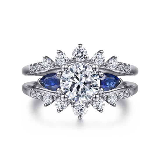 Gabriel - 14K White Gold Round Three Stone Sapphire and Diamond Engagement Ring