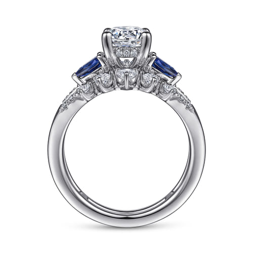 14K White Gold Round Three Stone Sapphire and Diamond Engagement Ring