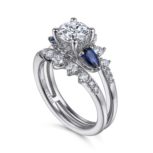 14K White Gold Round Three Stone Sapphire and Diamond Engagement Ring