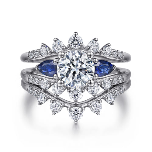 14K White Gold Round Three Stone Sapphire and Diamond Engagement Ring