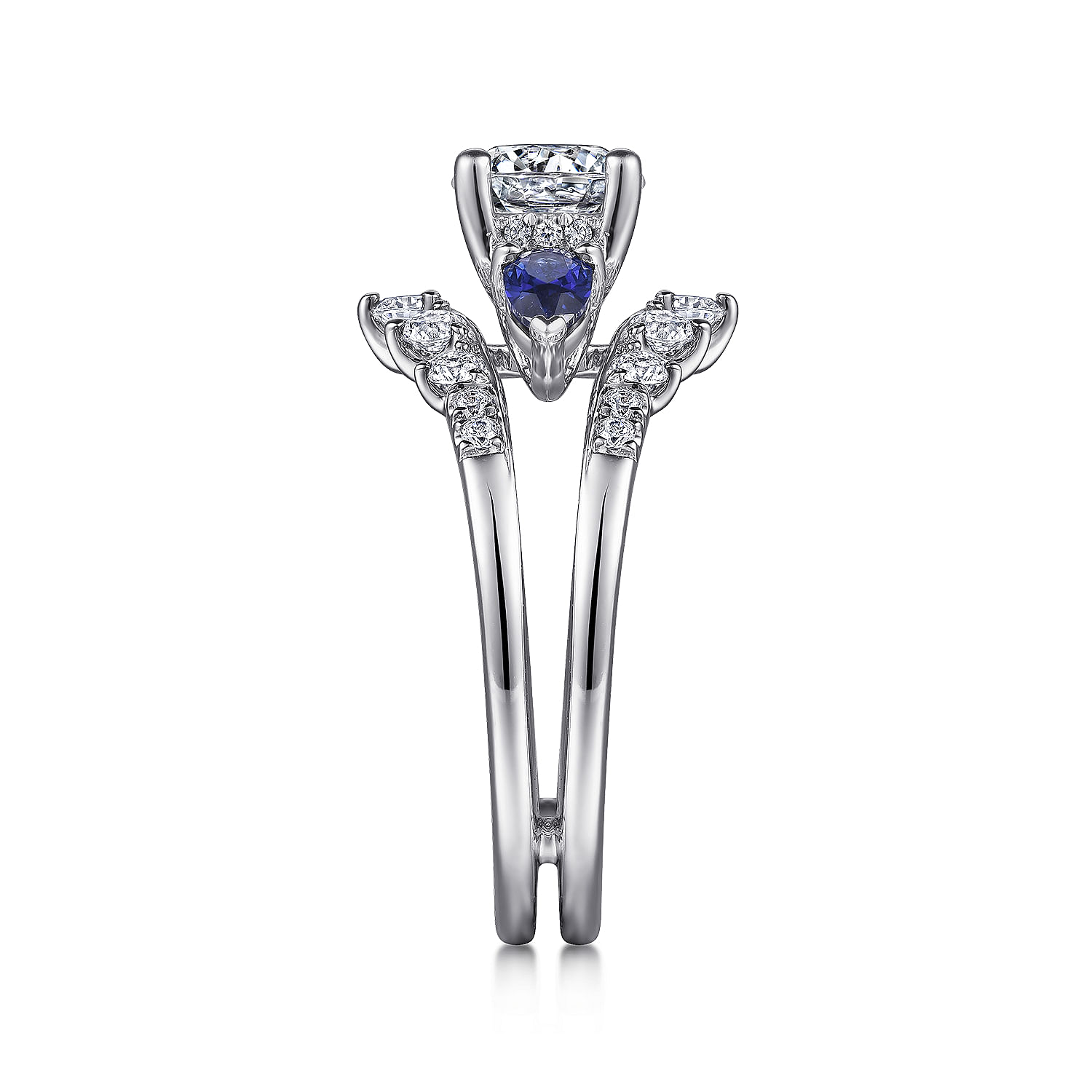 14K White Gold Round Three Stone Sapphire and Diamond Engagement Ring