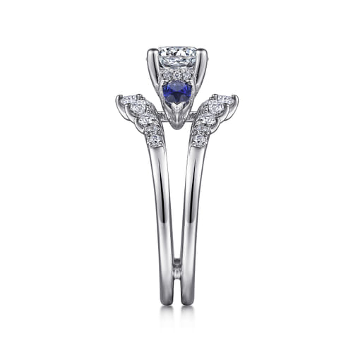 14K White Gold Round Three Stone Sapphire and Diamond Engagement Ring