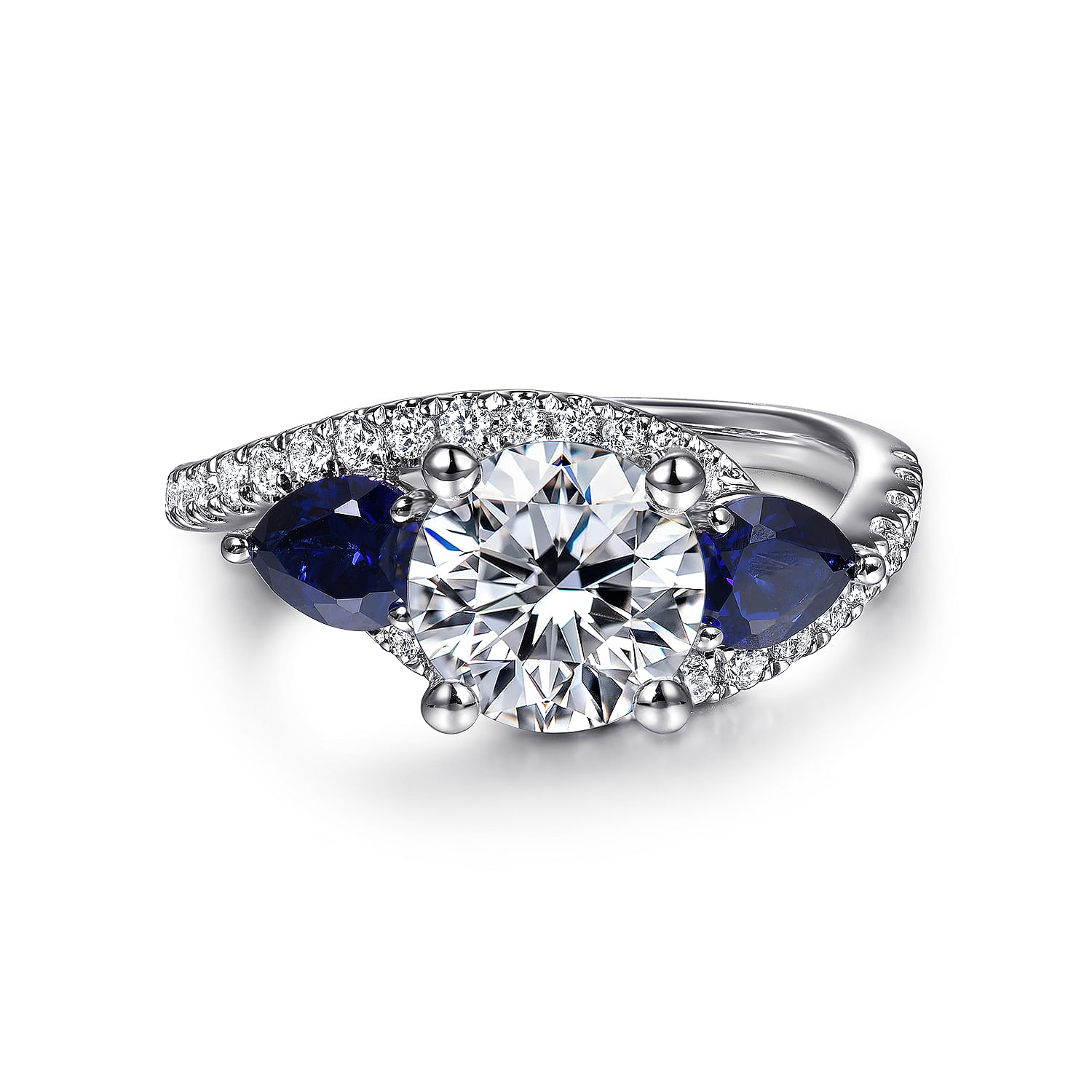 Gabriel - 14K White Gold Round Three Stone Sapphire and Diamond Engagement Ring