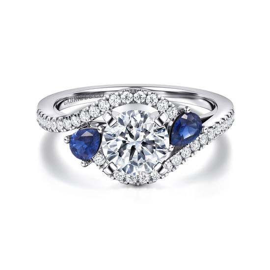 Gabriel - 14K White Gold Round Three Stone Sapphire and Diamond Engagement Ring