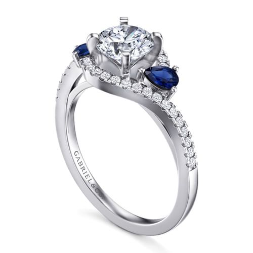 14K White Gold Round Three Stone Sapphire and Diamond Engagement Ring