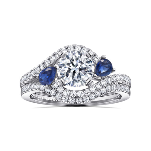 14K White Gold Round Three Stone Sapphire and Diamond Engagement Ring