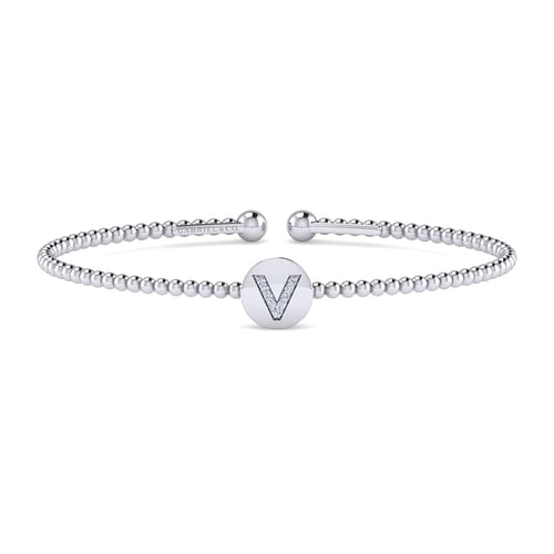 14K White Gold Round V Initial Diamond Bujukan Cuff Bracelet