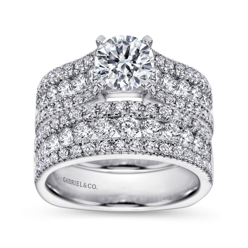 14K White Gold Round Wide Band Diamond Engagement Ring