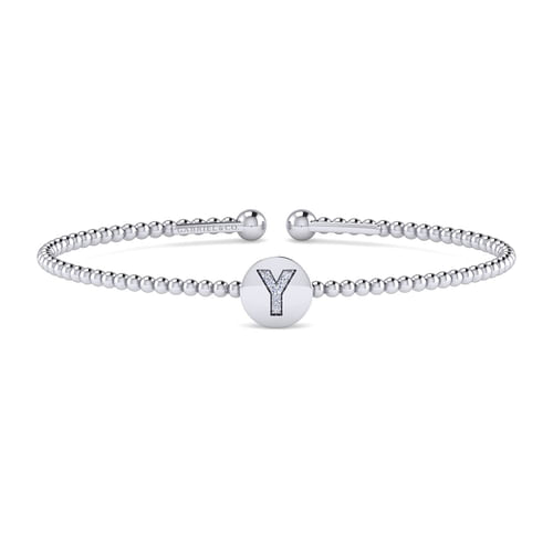 14K White Gold Round Y Initial Diamond Bujukan Cuff Bracelet