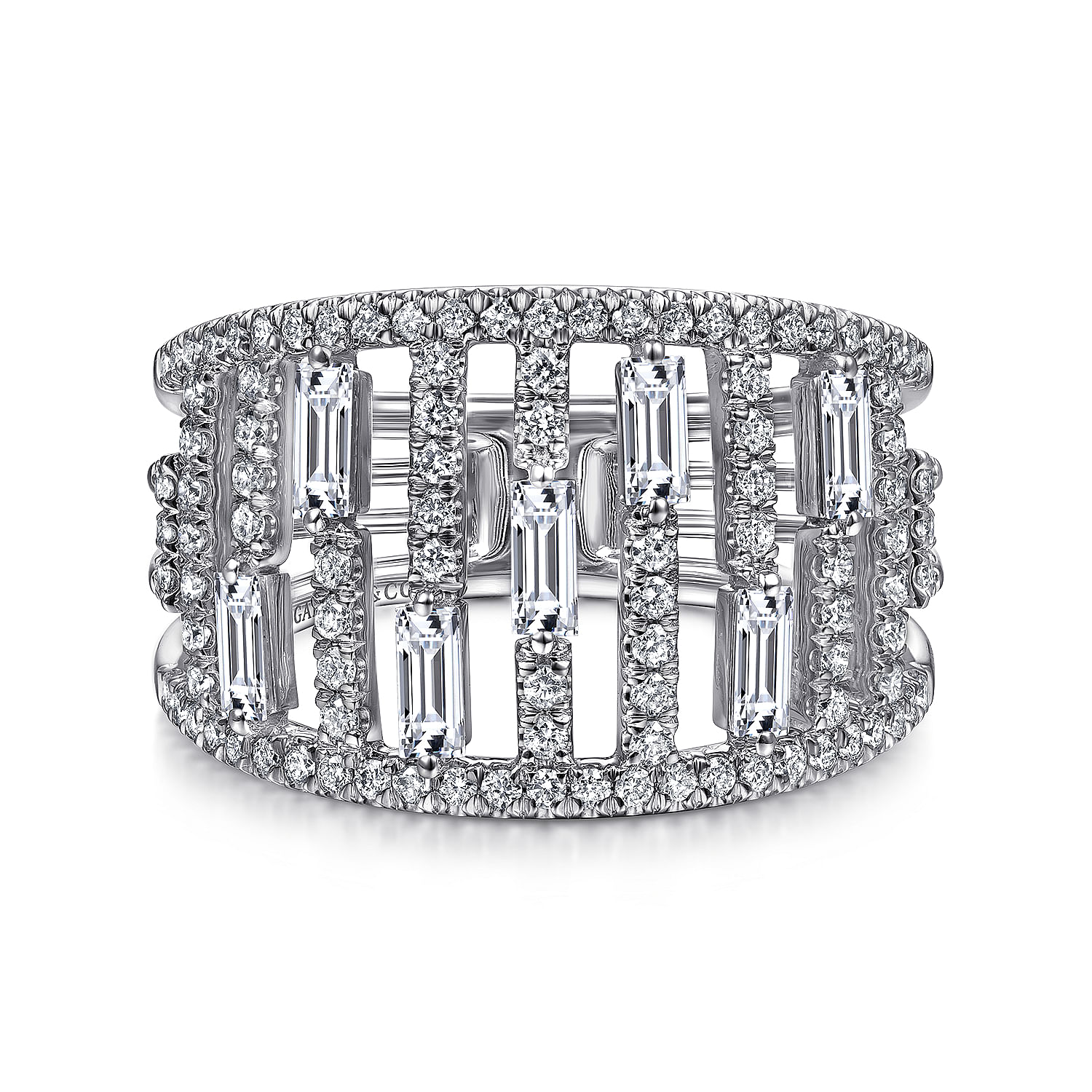 Gabriel - 14K White Gold Round and Baguette Diamond Cage Ring