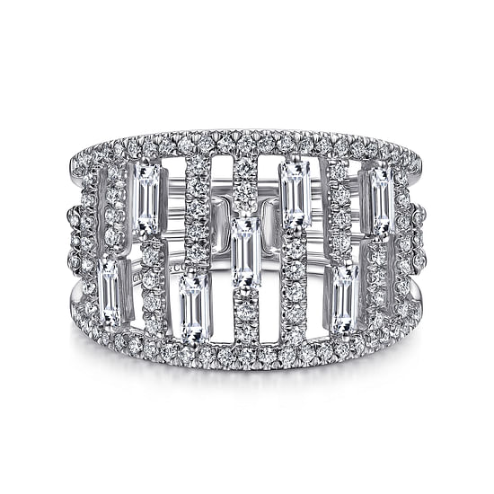 Gabriel - 14K White Gold Round and Baguette Diamond Cage Ring