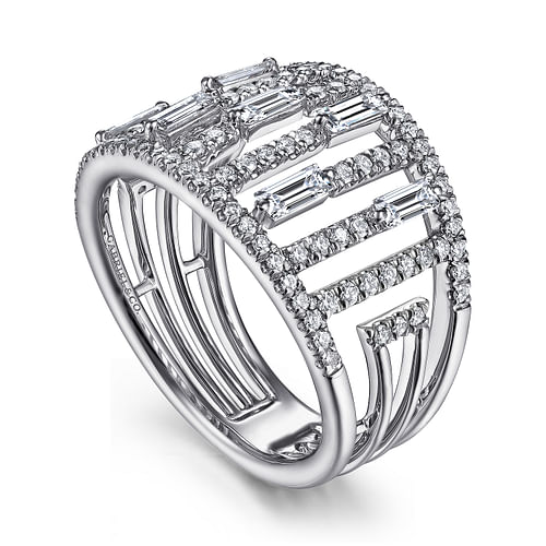 14K White Gold Round and Baguette Diamond Cage Ring