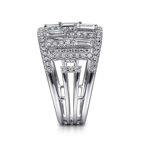 14K White Gold Round and Baguette Diamond Cage Ring