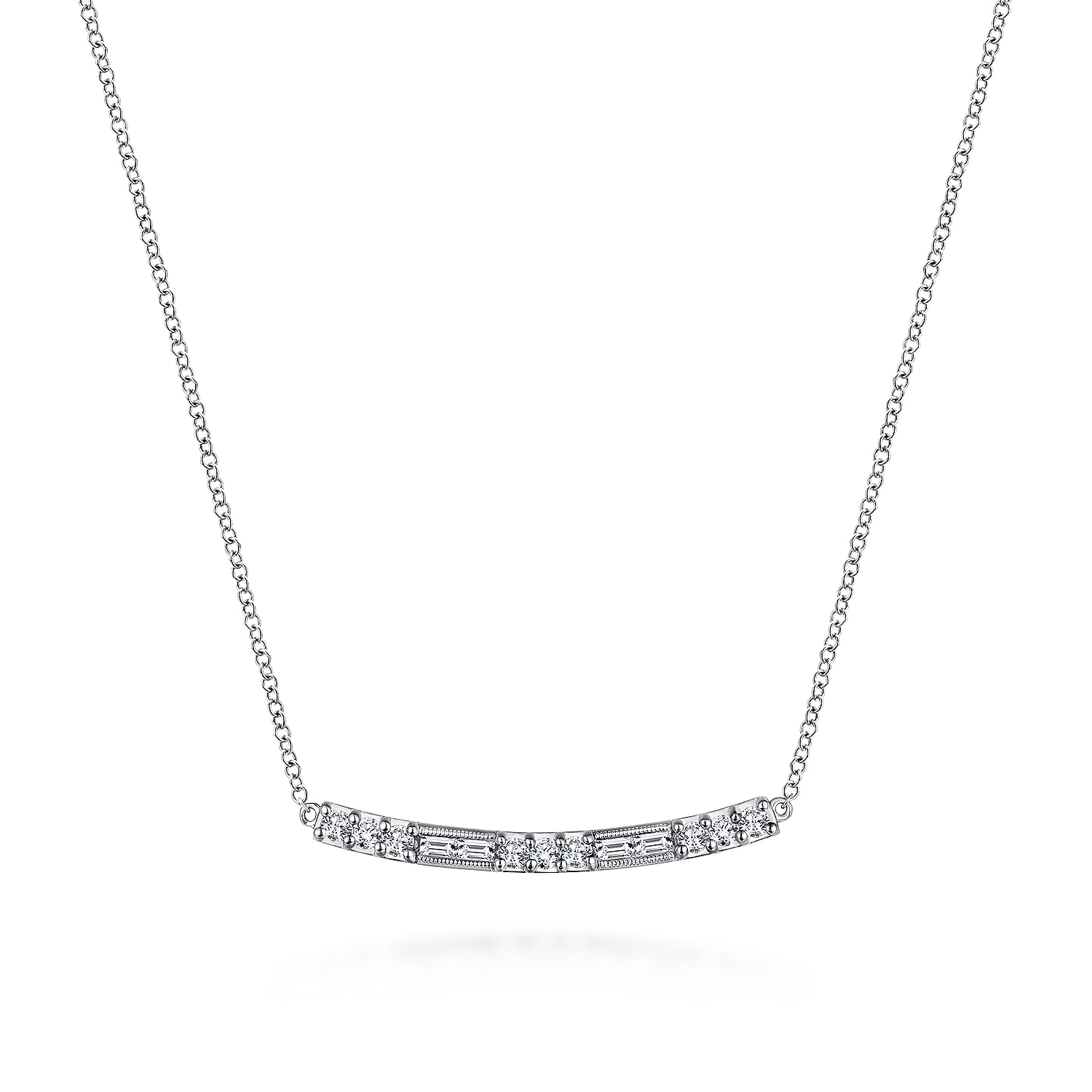 Gabriel - 14K White Gold Round and Baguette Diamond Curved Bar Necklace