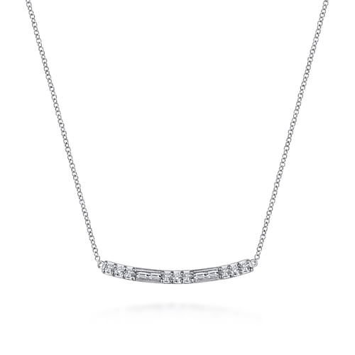 14K White Gold Round and Baguette Diamond Curved Bar Necklace