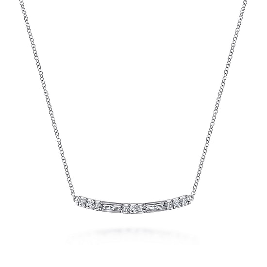 Gabriel - 14K White Gold Round and Baguette Diamond Curved Bar Necklace