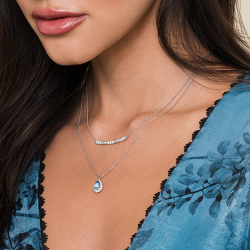 14K White Gold Round and Baguette Diamond Curved Bar Necklace