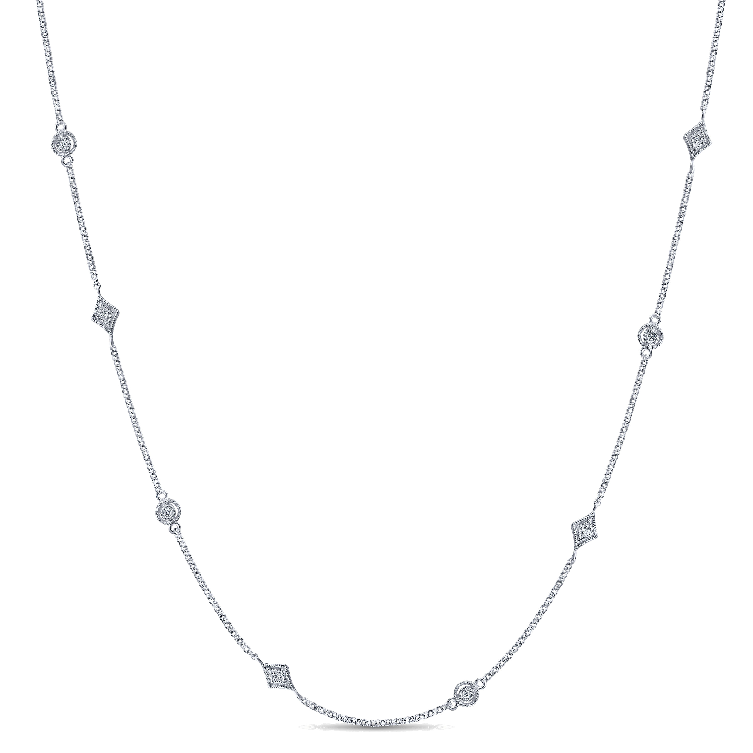 14K White Gold Round and Kite Shaped Diamond Station Necklace