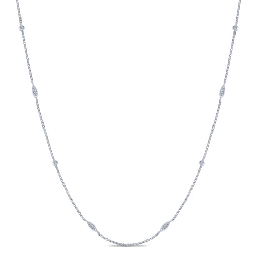 14K White Gold Round and Marquise Station Diamond Necklace