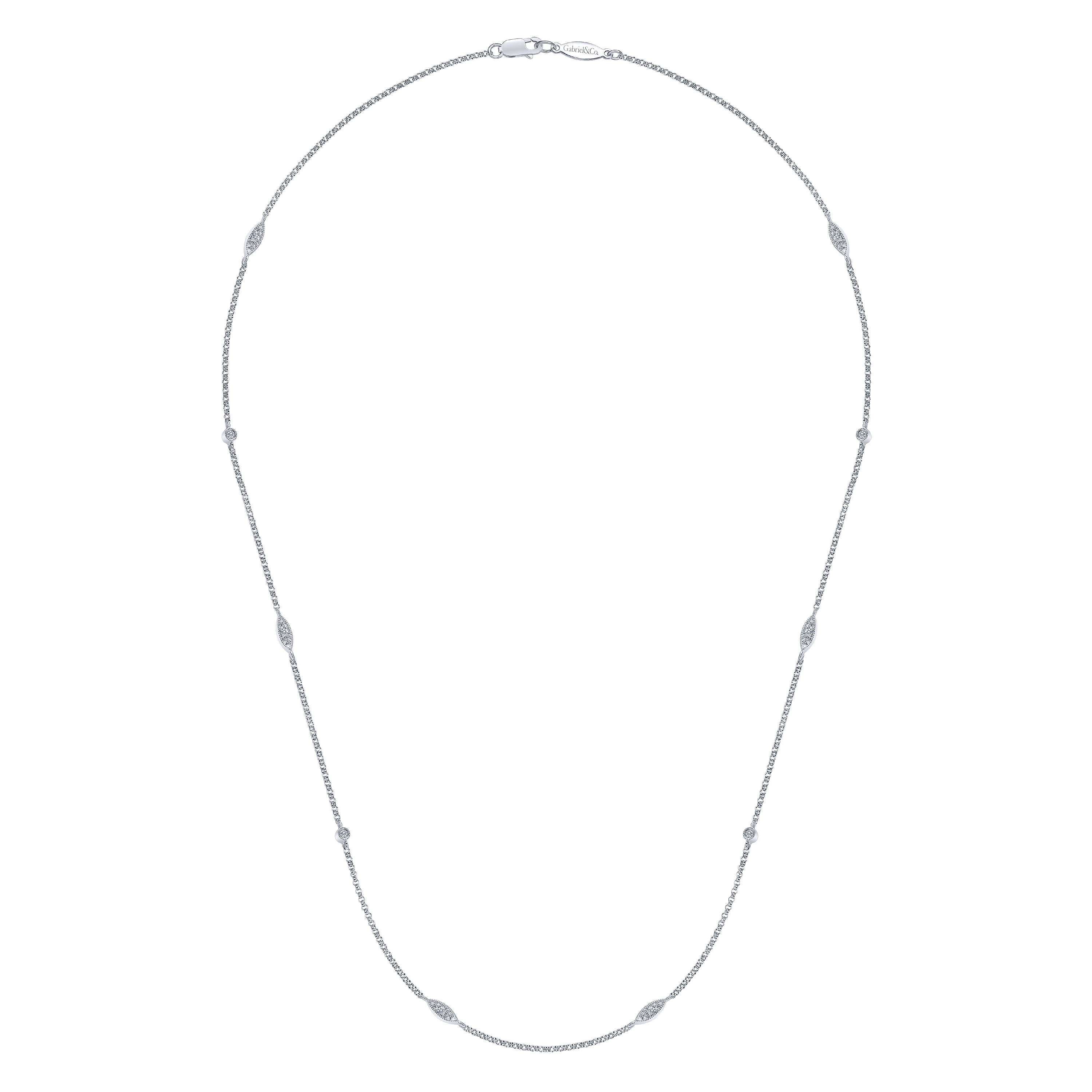 14K White Gold Round and Marquise Station Diamond Necklace