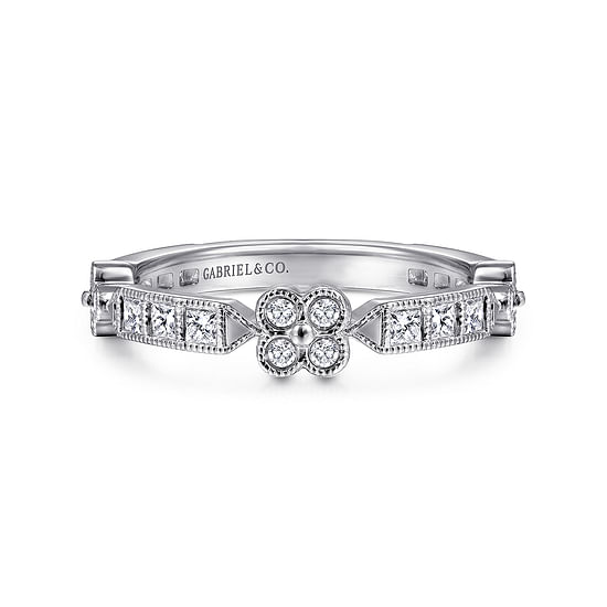 Gabriel - 14K White Gold Round and Princess Cut Diamond Stations Anniversary Band with Milgrain