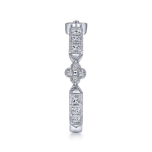14K White Gold Round and Princess Cut Diamond Stations Anniversary Band with Milgrain
