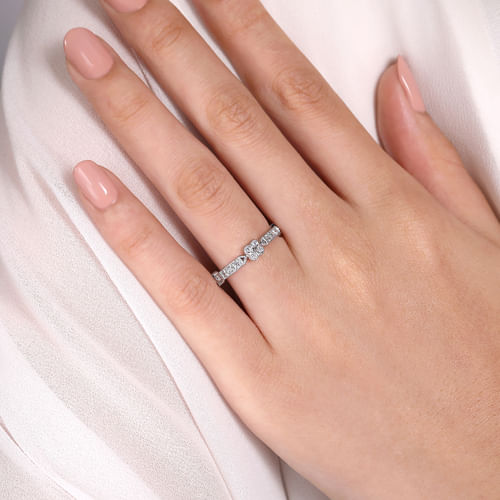 14K White Gold Round and Princess Cut Diamond Stations Anniversary Band with Milgrain