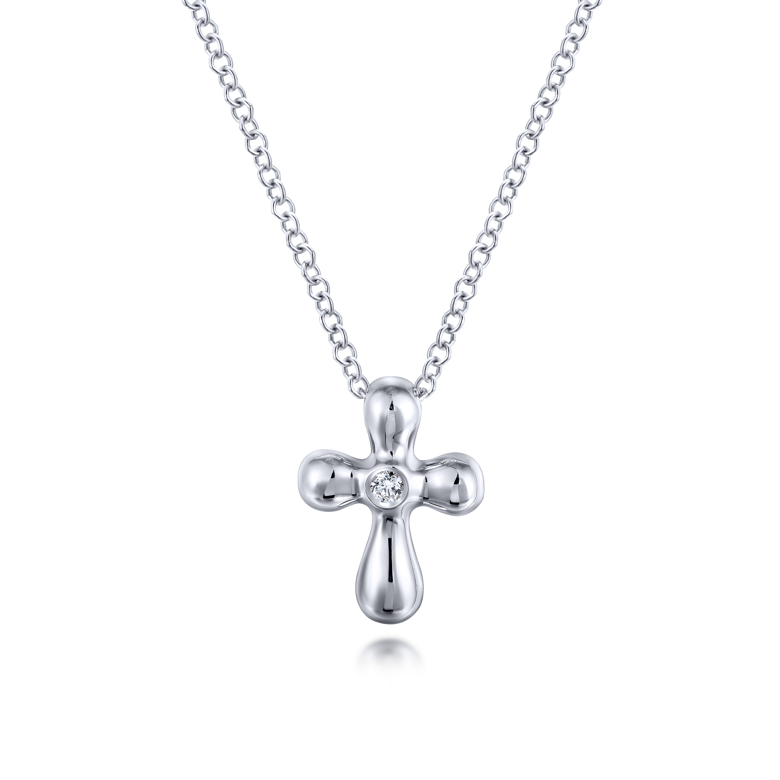 14K White Gold Rounded Diamond Cross Necklace