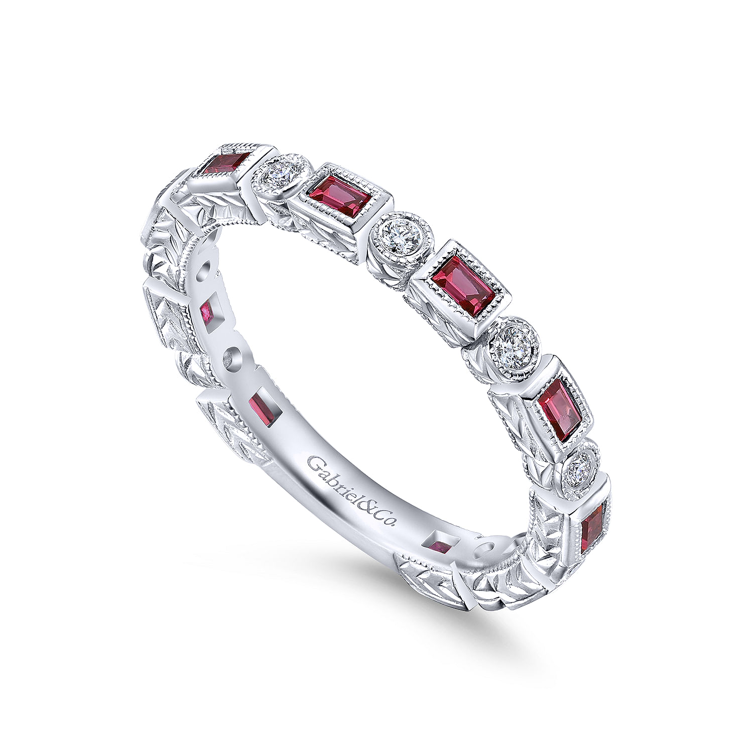 14K White Gold Ruby Baguette and Diamond Round Stackable Ring