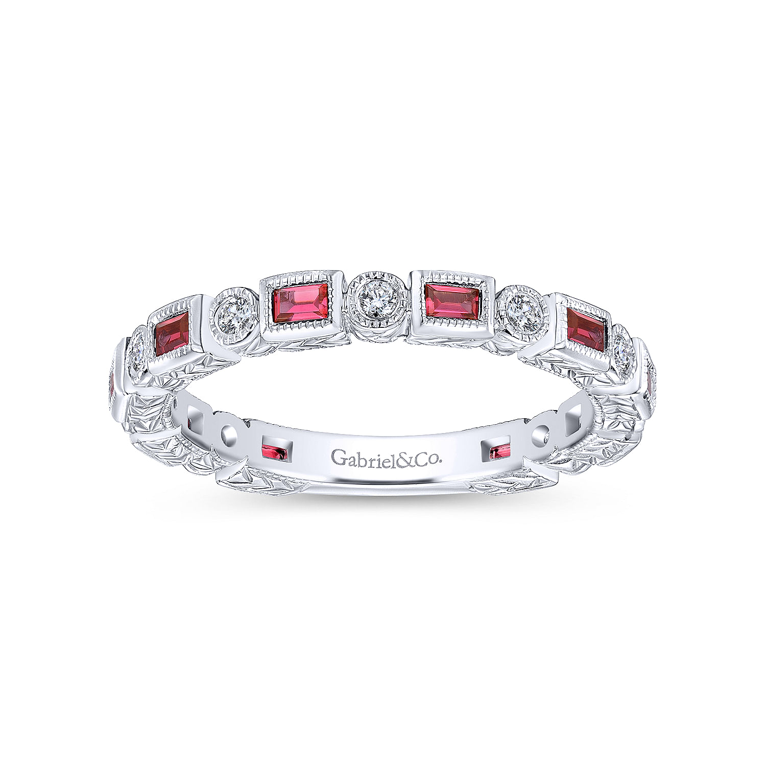 14K White Gold Ruby Baguette and Diamond Round Stackable Ring