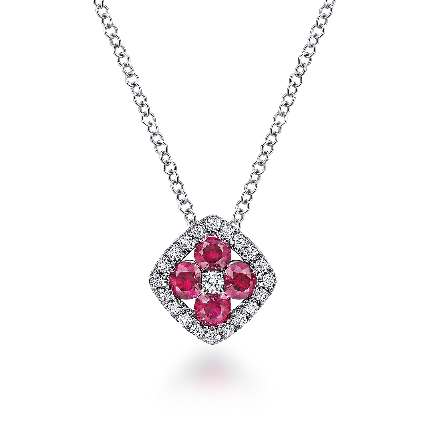 Gabriel - 14K White Gold Ruby and Diamond Halo Floral Pendant Necklace