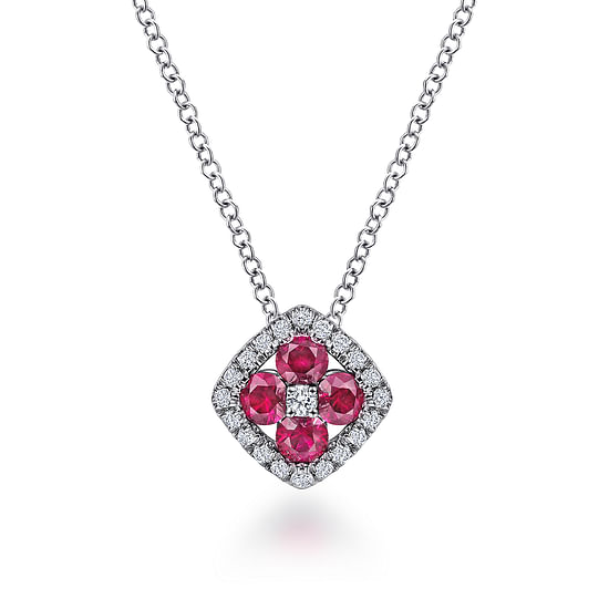 Gabriel - 14K White Gold Ruby and Diamond Halo Floral Pendant Necklace