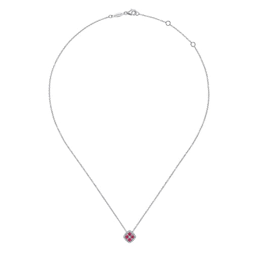14K White Gold Ruby and Diamond Halo Floral Pendant Necklace